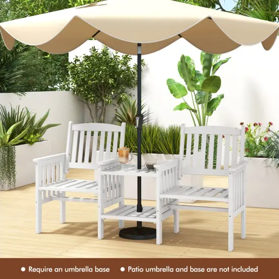 Fir Wood Loveseat Patio Bench with Umbrella Hole, 2-tier Table and Slatted Chairs White {6}