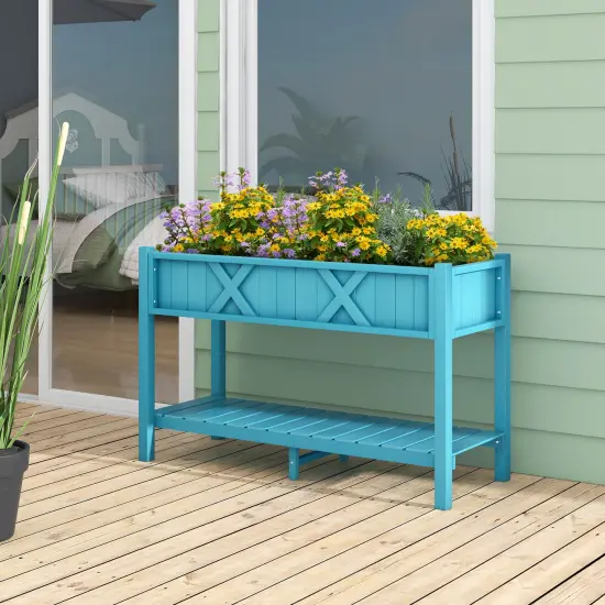 HIPS Raised Planter Box with Bottom Shelf and Drainage System Blue {3}