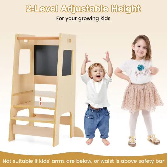 Kids Standing Step Stool Tower with Chalkboards and 2-level Height Adjustable Platform Natural {3}