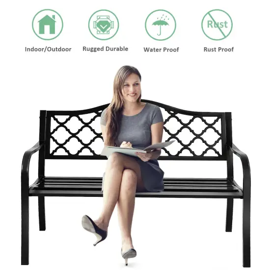 Costway 50'' Patio Garden Bench Loveseats Park Yard Furniture Decor Cast Iron Frame Black {6}
