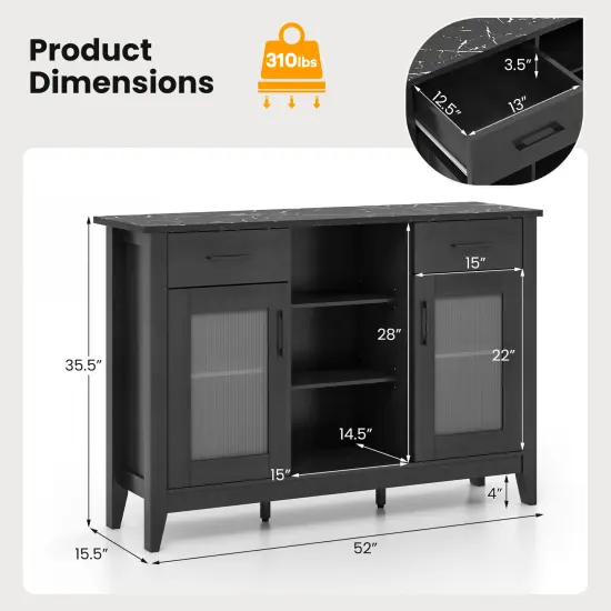 Sideboard Buffet Cabinet with 3 Open Cubes and 4 Adjustable Shelves Ideal for Home Appliances or Decorations Black {5}