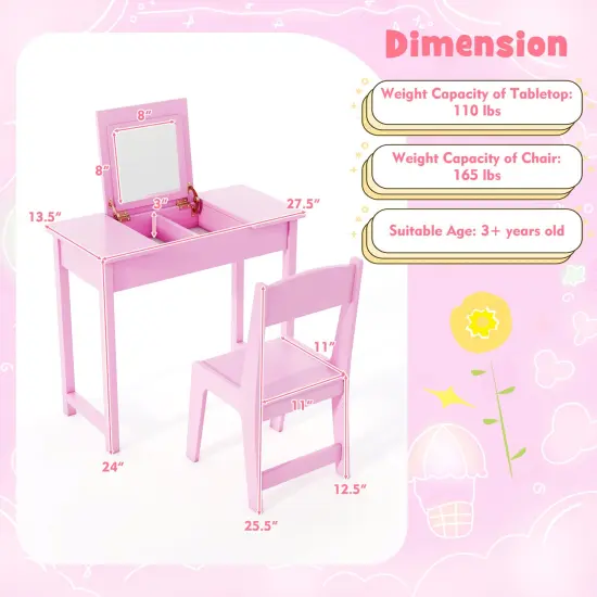 MDF Vanity Table and Chair Set with Acrylic Mirror and Storage Pink {4}