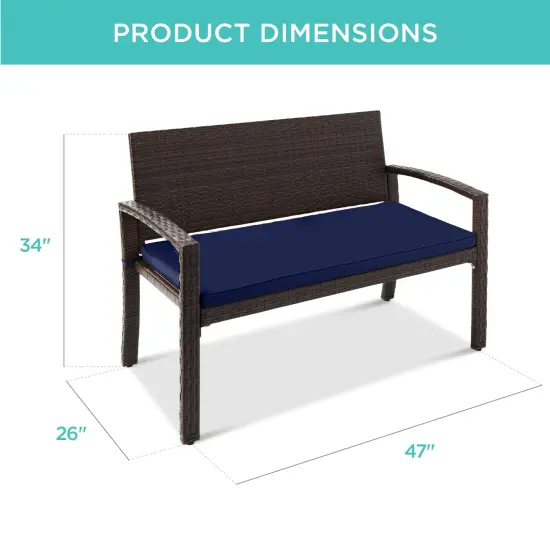 Best Choice Products 2-Person Outdoor Wicker Bench Garden Patio Porch Furniture w/ 700lb Capacity, Cushion Navy/Brown {2}
