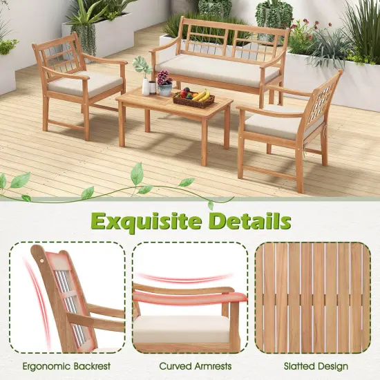 Costway 4 PCS Wood Patio Furniture Set with Soft Seat Cushions Solid Acacia Wood Frame Off White/Gray {6}