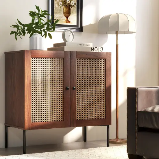 Rattan Sideboard with Adjustable Shelves and Metal Legs Walnut {2}