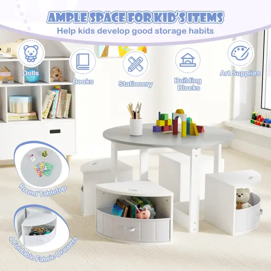 Kids Table Set with 4 Stools, MDF Nesting Design and Storage Bins Grey {5}