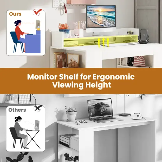 Costway 43" Home Office Desk with Power Outlets Monitor Shelf Bookshelf & Cable Hole {6}