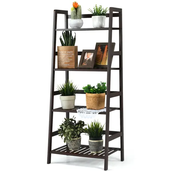 Costway 4-Tier Bamboo Ladder Shelf Plant Display Stand Rack Bookshelf Dark Brown {1}