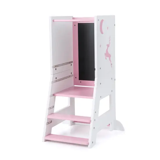 3 in 1 Multi-functional Design Kids Kitchen Standing Stool Tower with Chalkboard and Whiteboard Pink {2}