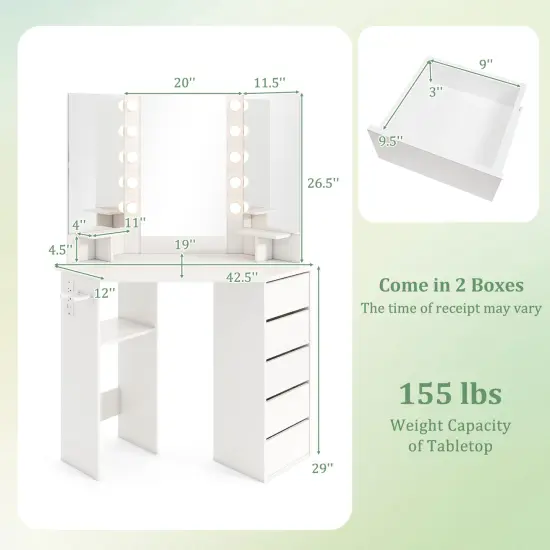 5 Drawers Corner Vanity Desk with LED Mirror and Charging Station Storage Shelves for Bedroom White {4}
