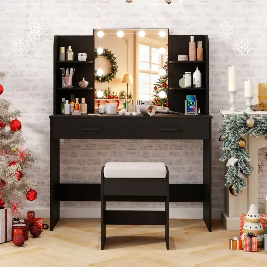 Vanity Set with Lighted Mirror and Stool for Easy Storage and Charging Black {2}