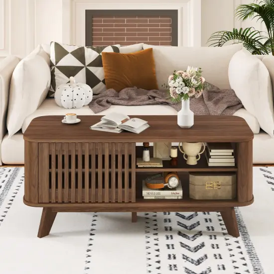 Walnut MDF Coffee Table with Storage Adjustable Shelves and Lattice Doors {6}