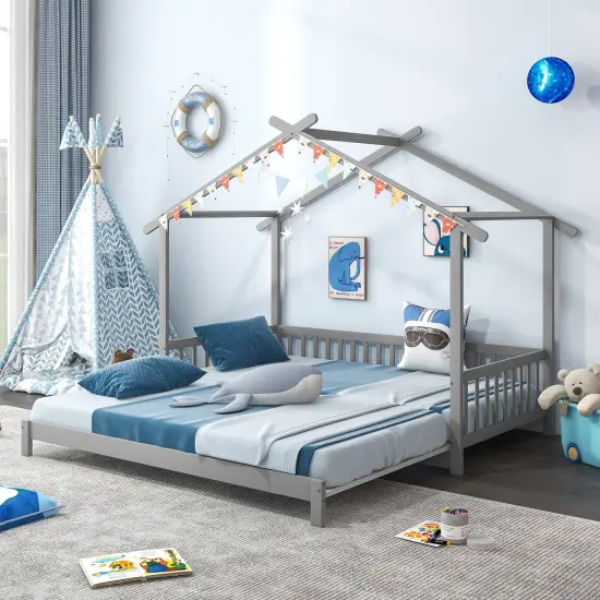 Extendable Daybed House Bed with Roof and Safety Fence Rails Gray {1}