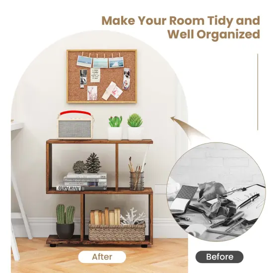 Costway 2-Tier Bookshelf Free Standing Wooden Display S-Shaped Shelf Storage Rack Black/Brown {5}