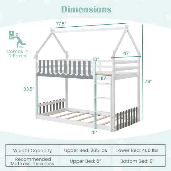Pine Wood House Bunk Bed, Twin Over Twin, Sturdy Frame and Safe Ladder White {4}