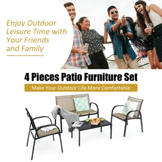 Costway 4 PCS Patio Furniture Set Sofa Coffee Table Steel Frame Garden Brown {5}