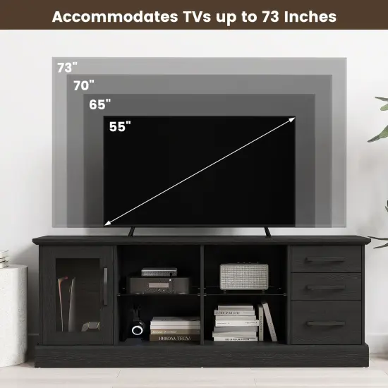 63 Inches Entertainment Center with 3 Storage Drawers and Removable Glass Shelves Black {6}
