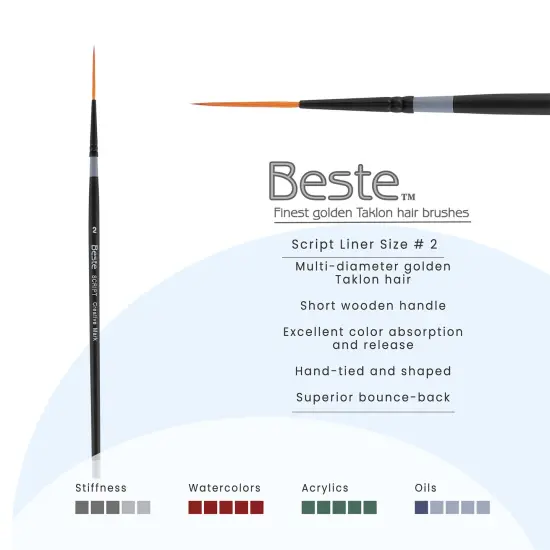 Creative Mark Beste Golden Taklon Script Liner #2 - 3 Pack Artist Paint Brush, Professional Watercolor Brushes, For Acrylic Painting, Short Handle, Sharp Edges, Hand-Tied & Shaped {3}