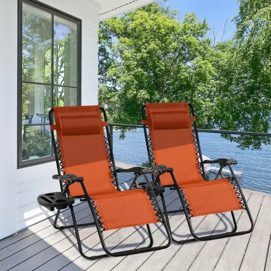 Costway Folding Zero Gravity Reclining Lounge Chairs Beach Patio with Utility Tray Orange {4}