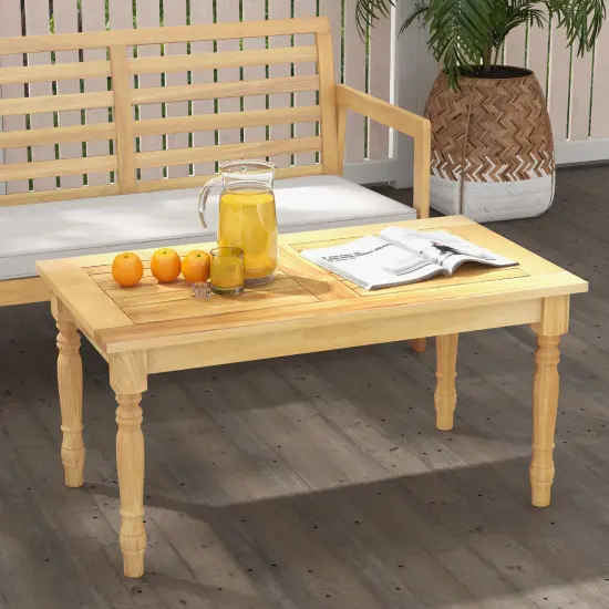 Natural Teak Wood Patio Coffee Table with Slatted Top, Carved Legs and Versatile Use {2}