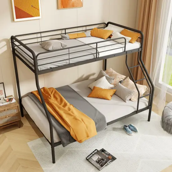Twin Over Full Metal Bunk Bed with Guardrails, Ladder, Storage Space and Sturdy Construction Black {3}