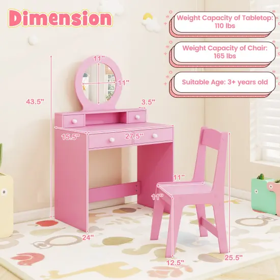 MDF Kids Vanity Set with Acrylic Mirror, Storage and Chair Pink {5}