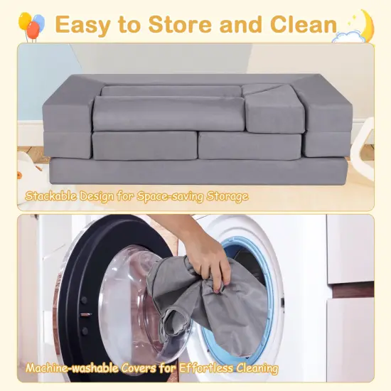 Suede Fabric Convertible Kids Play Couch Set with Foam Blocks and Cushions Gray {6}