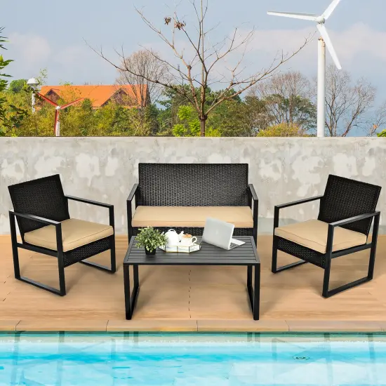 Costway 4PCS Patio Rattan Furniture Set Cushioned Sofa Coffee Table Garden Deck Brown {1}