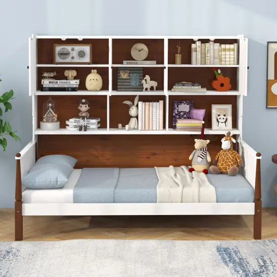 Pine Wood Twin Bed with Bookcase, Storage Shelves and Modern Vintage Design {3}