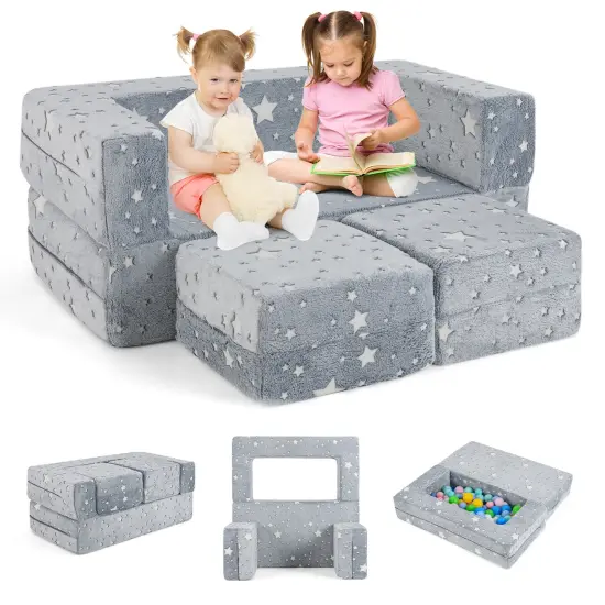 2 Seater Kids Play Couch with Removable and Machine Washable Flannel Cover-Gray Grey {4}