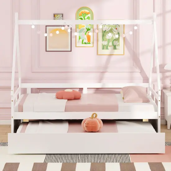 Twin Size House Frame Bed with Trundle, Wooden Construction and Creative Design White {6}