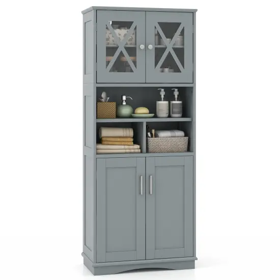 57-Inch Tall Freestanding Bathroom Storage Cabinet with 3 Adjustable Shelves and Acrylic Doors Gray {2}