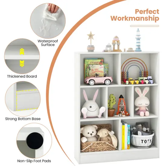 Costway 7-Cube Bookcase for Kids 41" Wooden Toy Storage Organizer Freestanding Bookshelf Brown/White {6}