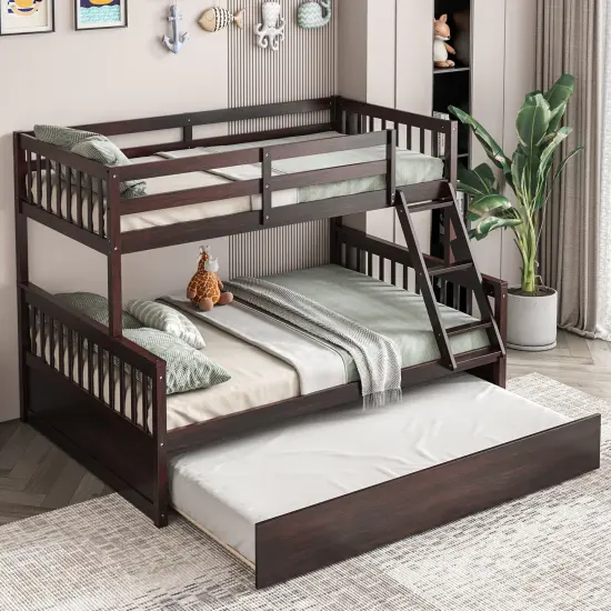 Pine Wood Twin Over Full Bunk Bed with Trundle, Guardrails and Ladder Espresso {2}