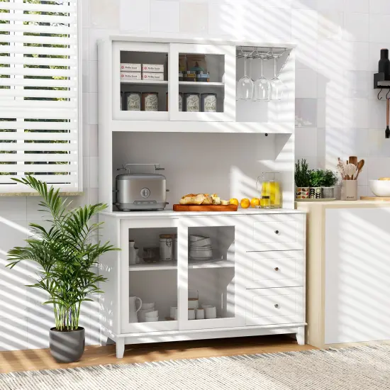 Kitchen Pantry Storage Cabinet with 2 Compartments with Doors and LED Lights and Power Outlet White {1}