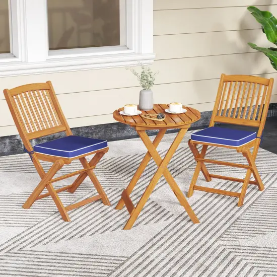 Set of 2 Armless Outdoor Folding Chairs with Seat Cushions and Slatted Backrest Navy {6}