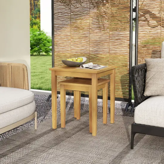 Natural Teak Wood Nesting Side Tables with Slatted Top, Space-Saving Design {6}