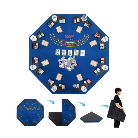 Felt Folding Portable Poker Table Top with Cup Holders and Chip Trays Blue {4}