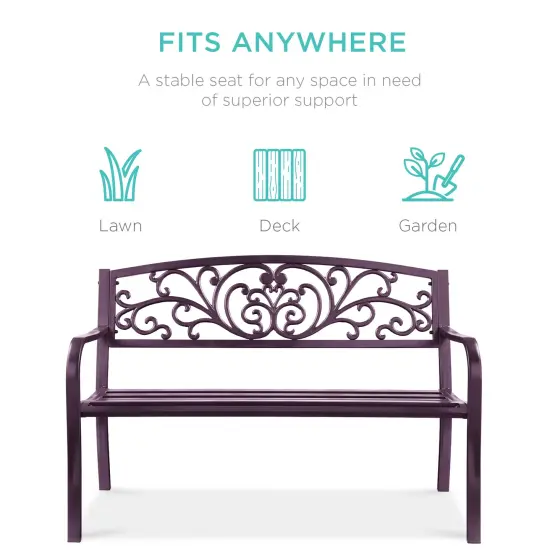 Best Choice Products Outdoor Steel Bench Garden Patio Porch Furniture w/ Floral Design Backrest Purple {3}