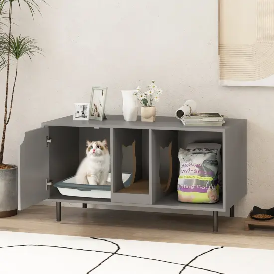 Engineered Wood Cat Litter Box Cabinet with Scratcher and Storage Gray {3}