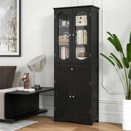 63 Inch Tall Freestanding Bathroom Storage Cabinet with 3-Position Adjustable Shelves and 2 Glass Doors Black {3}