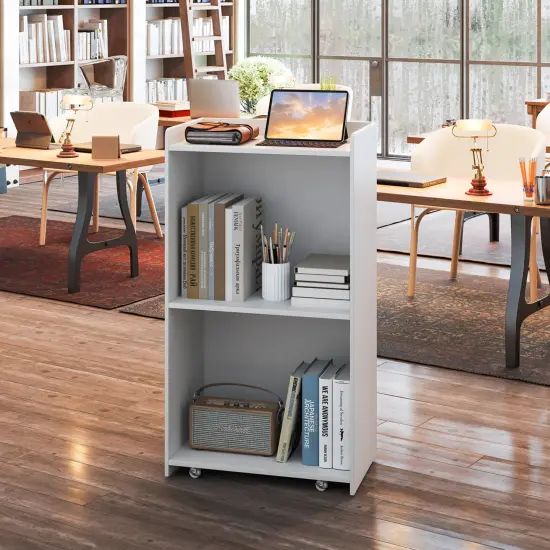 Lectern Rolling Podium Stand with 2 Storage Shelves and 4 Universal Wheels White {1}