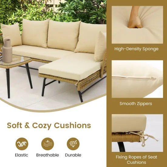3 Pieces L-Shaped Patio Sofa with Tempered Glass Coffee Table with Metal Frame Beige {6}