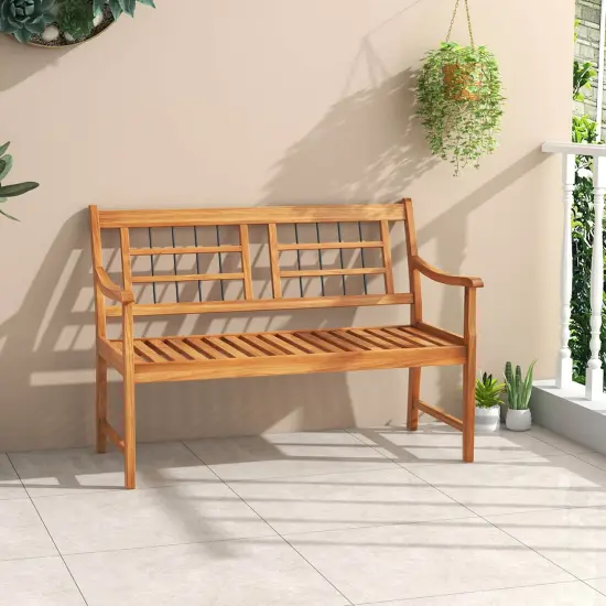 Costway Outdoor Acacia Wood Bench 2-Person Patio Bench with Slatted Seat &Backrest {5}