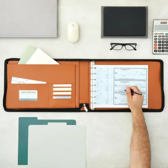 7-Ring Business Check Binder with Zipper for Checkbooks Organization, Brown Zippered Portfolio Organizer, Professional PU Leather Folder Holder for Documents, Cards (15 x 11 x 0.01 inches) {2}