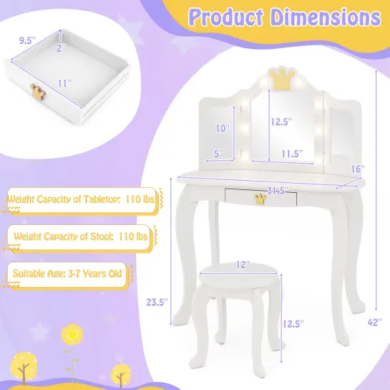 MDF and Acrylic Kids Vanity Set with Tri-Fold Mirror, LED Lights and Storage White {5}