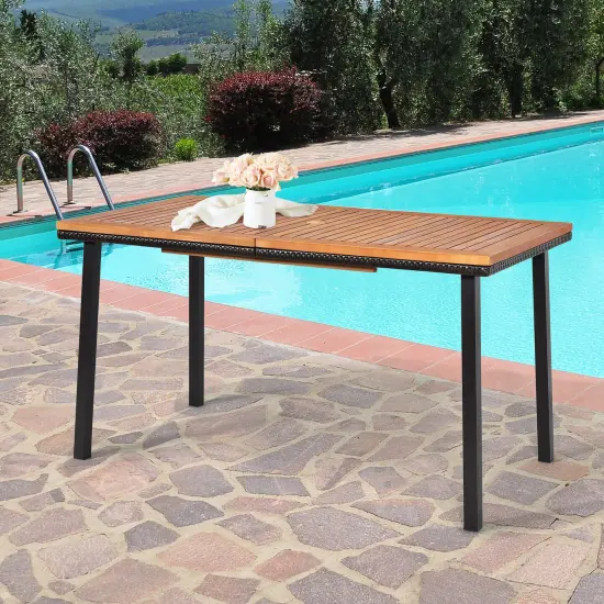 Costway 55'' Patio Rattan Dining Table Acacia Wood Table Top Umbrella Hole {1}