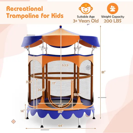 Kids Trampoline with Detachable Canopy, Safety Net, Zipper Door and Foam Padding Orange {3}