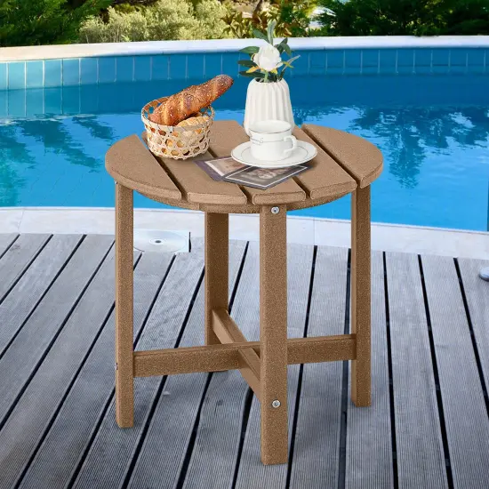 18 Inch Set of 2 Round Outdoor Adirondack Side Tables with Slatted Design and X-Shaped Structure Brown {2}
