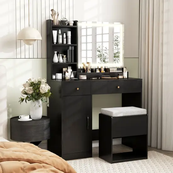 Vanity Set with 3-Color Adjustable Lights, Storage, Charging Ports and Stool Black {2}